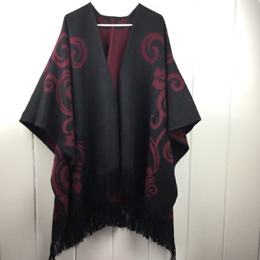 Black & Wine Woven Reversible Poncho, Fringe, XL